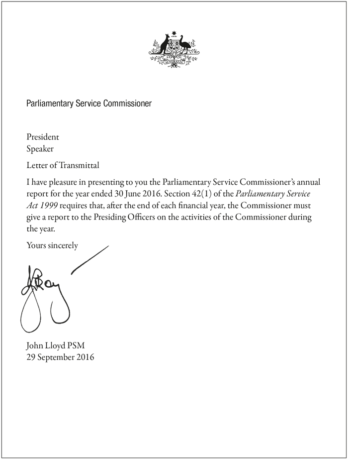 Parliamentary Service Commissioner’s Annual Report 2015-16 Letter of Transmittal